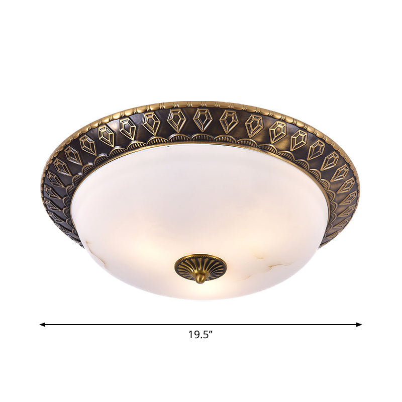 2/3 Heads Flush Mount Lamp Traditional Living Room Ceiling Light with Bowl Milk Glass Shade in Brass, 14"/16"/19.5" W Clearhalo 'Ceiling Lights' 'Close To Ceiling Lights' 'Close to ceiling' 'Flush mount' Lighting' 1400466