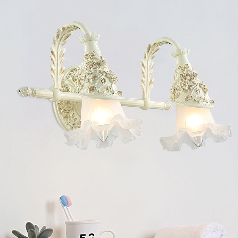 Ruffled Bath Vanity Wall Sconce Antique Frosted Glass 1/2/3-Bulb White Wall Mount Light Fixture 2.0 White Clearhalo 'Vanity Lights' 'Wall Lights' Lighting' 1400475