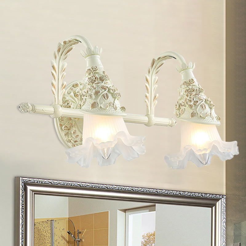 Ruffled Bath Vanity Wall Sconce Antique Frosted Glass 1/2/3-Bulb White Wall Mount Light Fixture Clearhalo 'Vanity Lights' 'Wall Lights' Lighting' 1400477