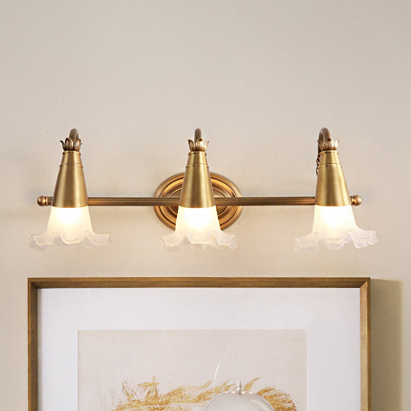 Gold Cone Vanity Lighting Traditional White Glass 1/2/3-Head Bathroom Wall Lamp with Lettuce Trim 3.0 Gold Clearhalo 'Vanity Lights' 'Wall Lights' Lighting' 1400485