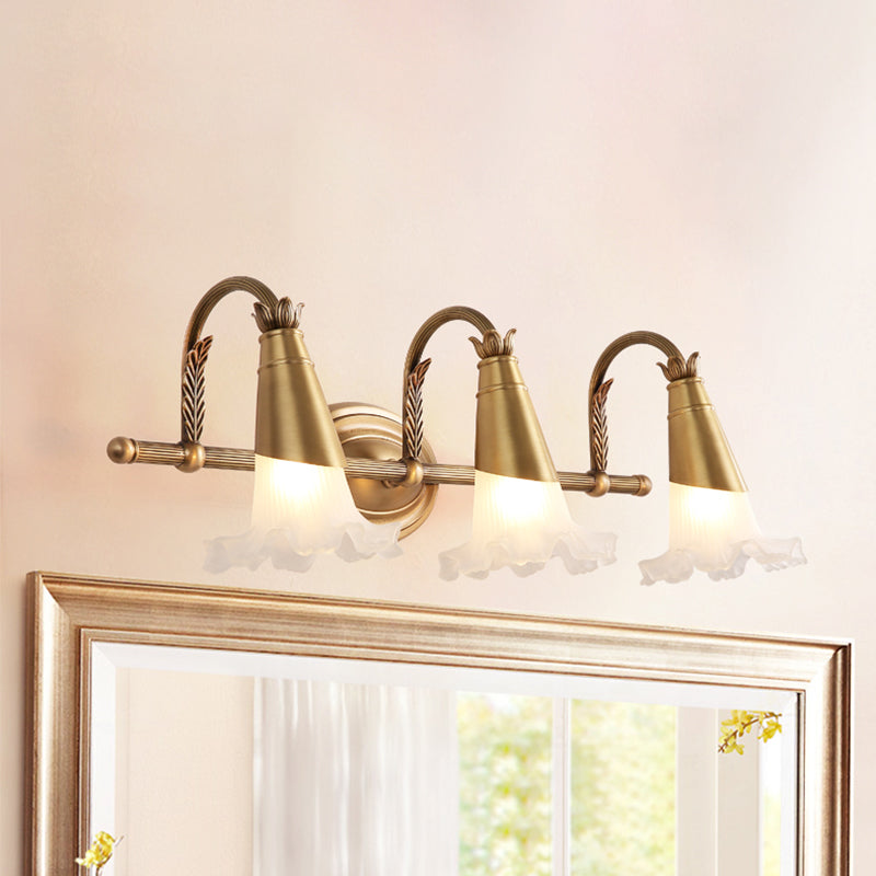 Gold Cone Vanity Lighting Traditional White Glass 1/2/3-Head Bathroom Wall Lamp with Lettuce Trim Clearhalo 'Vanity Lights' 'Wall Lights' Lighting' 1400486