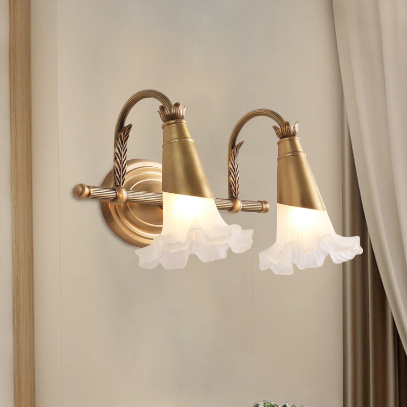 Gold Cone Vanity Lighting Traditional White Glass 1/2/3-Head Bathroom Wall Lamp with Lettuce Trim 2.0 Gold Clearhalo 'Vanity Lights' 'Wall Lights' Lighting' 1400489