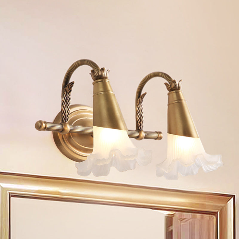 Gold Cone Vanity Lighting Traditional White Glass 1/2/3-Head Bathroom Wall Lamp with Lettuce Trim Clearhalo 'Vanity Lights' 'Wall Lights' Lighting' 1400491