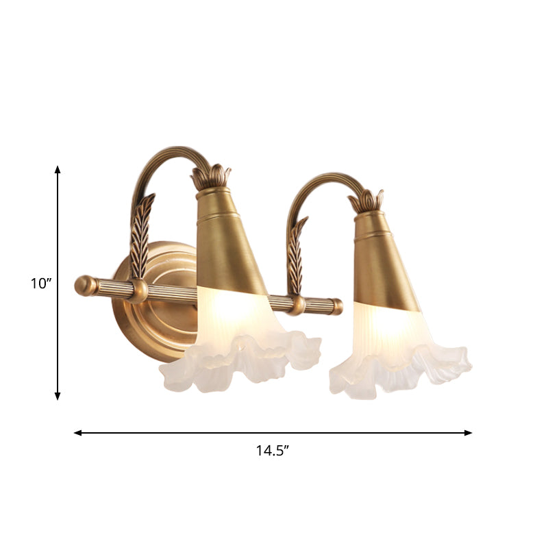 Gold Cone Vanity Lighting Traditional White Glass 1/2/3-Head Bathroom Wall Lamp with Lettuce Trim Clearhalo 'Vanity Lights' 'Wall Lights' Lighting' 1400493