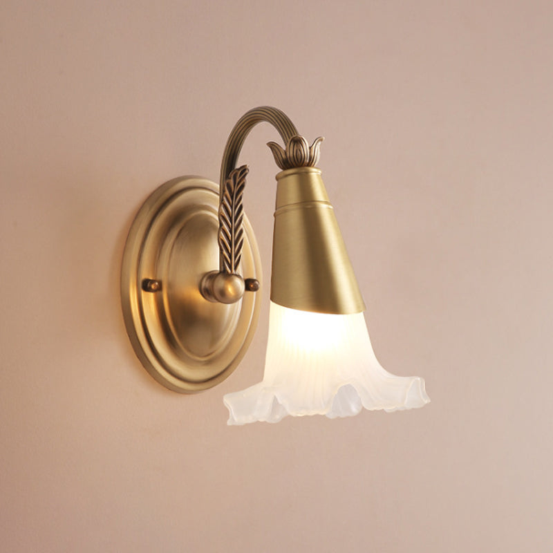Gold Cone Vanity Lighting Traditional White Glass 1/2/3-Head Bathroom Wall Lamp with Lettuce Trim Clearhalo 'Vanity Lights' 'Wall Lights' Lighting' 1400497