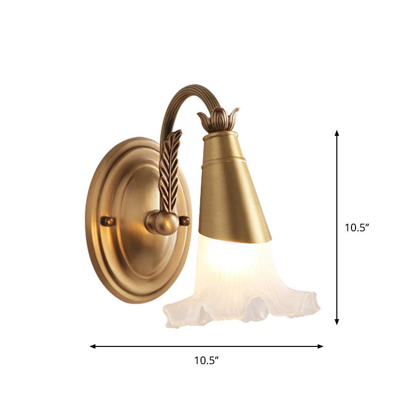 Gold Cone Vanity Lighting Traditional White Glass 1/2/3-Head Bathroom Wall Lamp with Lettuce Trim Clearhalo 'Vanity Lights' 'Wall Lights' Lighting' 1400498