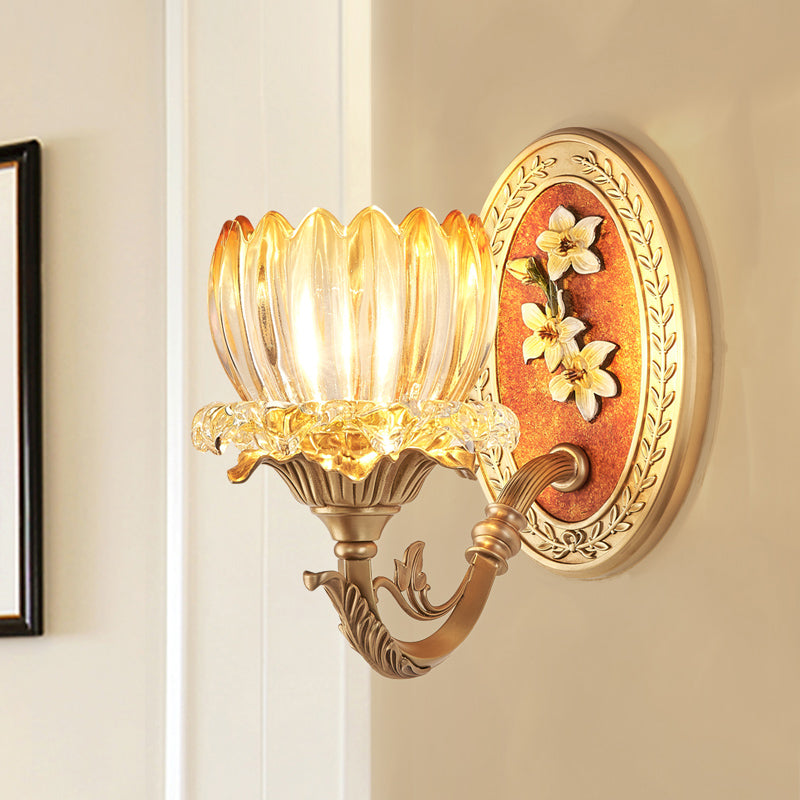 Clear Ribbed Glass Lotus Wall Light Kit Antique 1/2-Light Living Room Sconce in Gold 1.0 Gold Clearhalo 'Wall Lamps & Sconces' 'Wall Lights' Lighting' 1400503