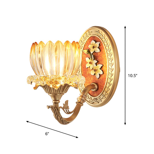 Clear Ribbed Glass Lotus Wall Light Kit Antique 1/2-Light Living Room Sconce in Gold Clearhalo 'Wall Lamps & Sconces' 'Wall Lights' Lighting' 1400507