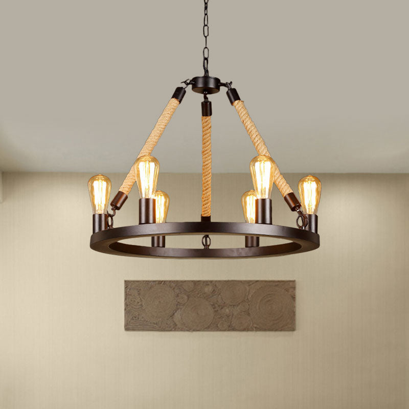 Metallic Circular Hanging Lamp with Exposed Bulb and Rope Vintage 6/8 Lights Dining Room Suspension Light in Brown Clearhalo 'Cast Iron' 'Ceiling Lights' 'Chandeliers' 'Industrial Chandeliers' 'Industrial' 'Metal' 'Middle Century Chandeliers' 'Rustic Chandeliers' 'Tiffany' Lighting' 1400532