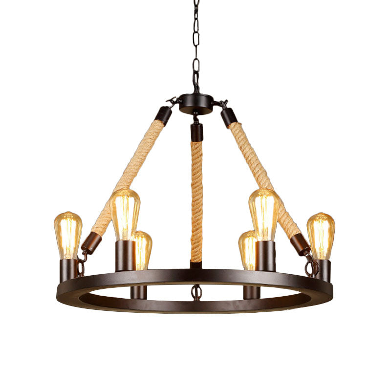 Metallic Circular Hanging Lamp with Exposed Bulb and Rope Vintage 6/8 Lights Dining Room Suspension Light in Brown Clearhalo 'Cast Iron' 'Ceiling Lights' 'Chandeliers' 'Industrial Chandeliers' 'Industrial' 'Metal' 'Middle Century Chandeliers' 'Rustic Chandeliers' 'Tiffany' Lighting' 1400533