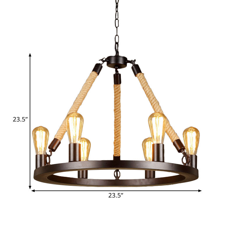 Metallic Circular Hanging Lamp with Exposed Bulb and Rope Vintage 6/8 Lights Dining Room Suspension Light in Brown Clearhalo 'Cast Iron' 'Ceiling Lights' 'Chandeliers' 'Industrial Chandeliers' 'Industrial' 'Metal' 'Middle Century Chandeliers' 'Rustic Chandeliers' 'Tiffany' Lighting' 1400535