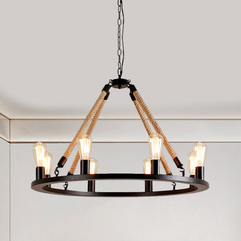 Metallic Circular Hanging Lamp with Exposed Bulb and Rope Vintage 6/8 Lights Dining Room Suspension Light in Brown Clearhalo 'Cast Iron' 'Ceiling Lights' 'Chandeliers' 'Industrial Chandeliers' 'Industrial' 'Metal' 'Middle Century Chandeliers' 'Rustic Chandeliers' 'Tiffany' Lighting' 1400538