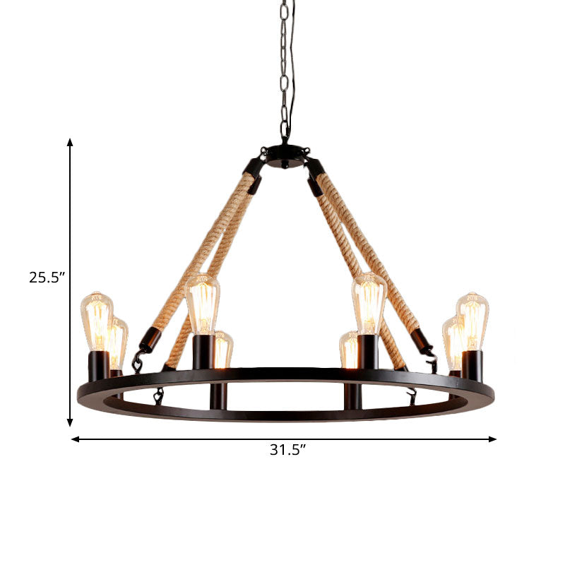Metallic Circular Hanging Lamp with Exposed Bulb and Rope Vintage 6/8 Lights Dining Room Suspension Light in Brown Clearhalo 'Cast Iron' 'Ceiling Lights' 'Chandeliers' 'Industrial Chandeliers' 'Industrial' 'Metal' 'Middle Century Chandeliers' 'Rustic Chandeliers' 'Tiffany' Lighting' 1400540