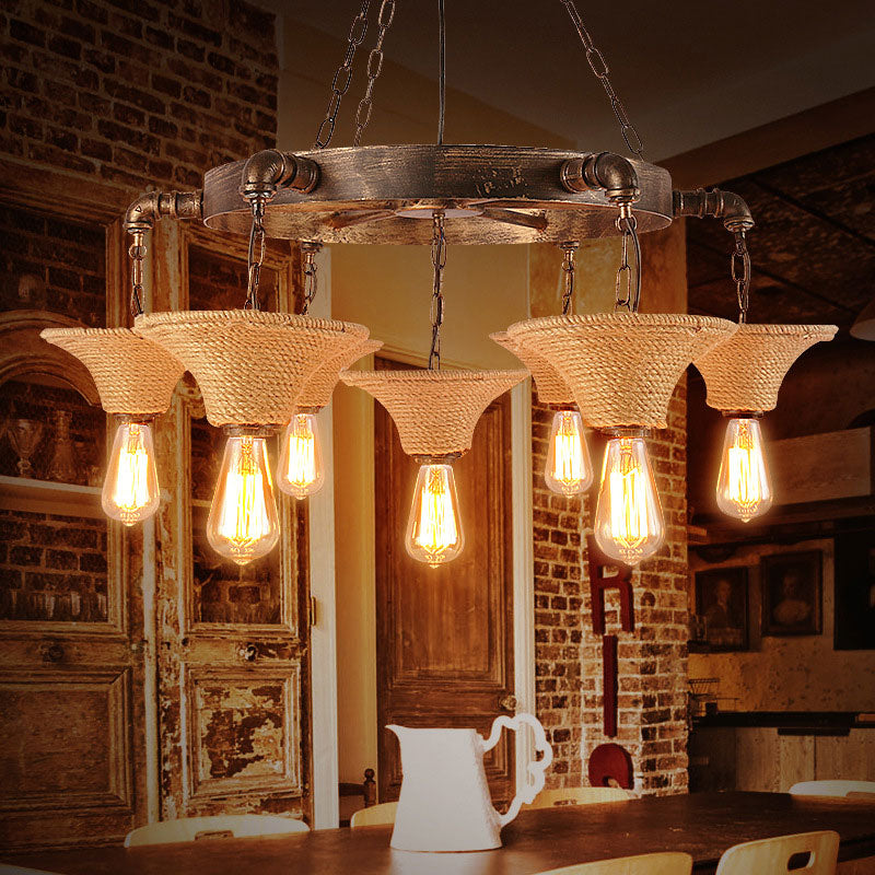Retro Industrial Open Bulb Hanging Pendant Metal Ceiling Fixture with Rope and Chain in Brown Clearhalo 'Ceiling Lights' 'Chandeliers' 'Industrial Chandeliers' 'Industrial' 'Middle Century Chandeliers' 'Tiffany' Lighting' 1400542
