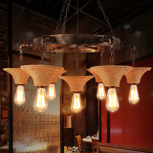 Retro Industrial Open Bulb Hanging Pendant Metal Ceiling Fixture with Rope and Chain in Brown Clearhalo 'Ceiling Lights' 'Chandeliers' 'Industrial Chandeliers' 'Industrial' 'Middle Century Chandeliers' 'Tiffany' Lighting' 1400543
