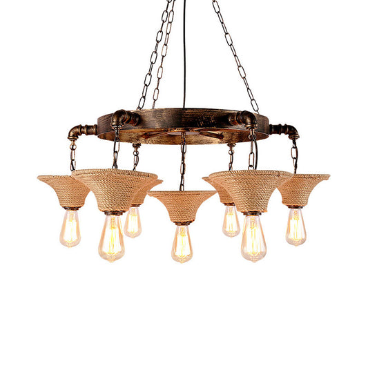 Retro Industrial Open Bulb Hanging Pendant Metal Ceiling Fixture with Rope and Chain in Brown Clearhalo 'Ceiling Lights' 'Chandeliers' 'Industrial Chandeliers' 'Industrial' 'Middle Century Chandeliers' 'Tiffany' Lighting' 1400544