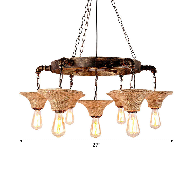 Retro Industrial Open Bulb Hanging Pendant Metal Ceiling Fixture with Rope and Chain in Brown Clearhalo 'Ceiling Lights' 'Chandeliers' 'Industrial Chandeliers' 'Industrial' 'Middle Century Chandeliers' 'Tiffany' Lighting' 1400545