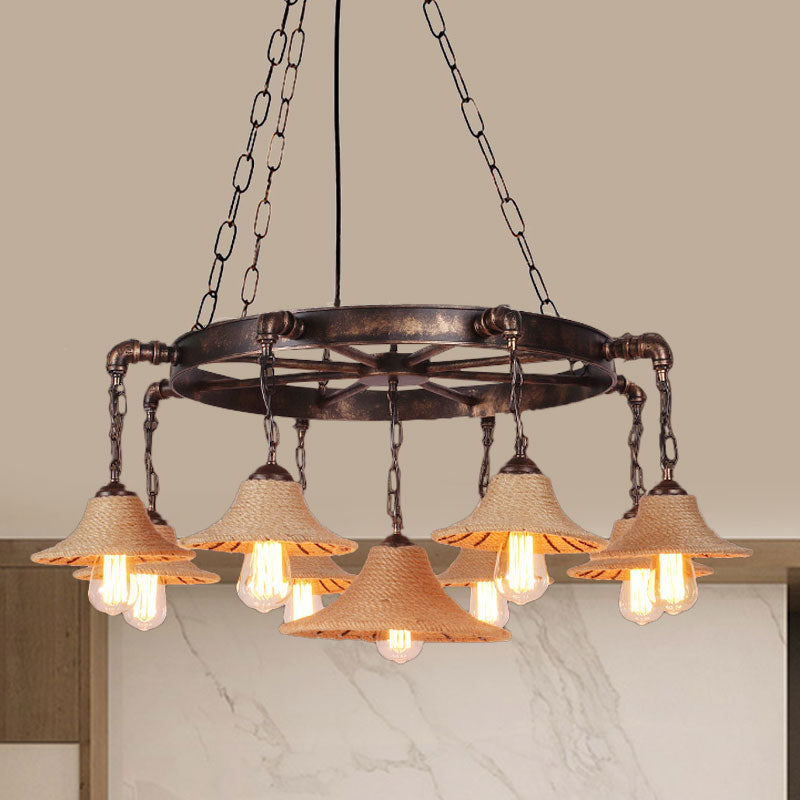 Retro Industrial Open Bulb Hanging Pendant Metal Ceiling Fixture with Rope and Chain in Brown Clearhalo 'Ceiling Lights' 'Chandeliers' 'Industrial Chandeliers' 'Industrial' 'Middle Century Chandeliers' 'Tiffany' Lighting' 1400547