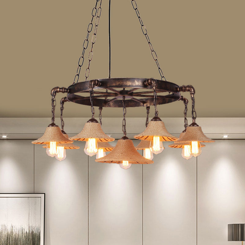 Retro Industrial Open Bulb Hanging Pendant Metal Ceiling Fixture with Rope and Chain in Brown Clearhalo 'Ceiling Lights' 'Chandeliers' 'Industrial Chandeliers' 'Industrial' 'Middle Century Chandeliers' 'Tiffany' Lighting' 1400548