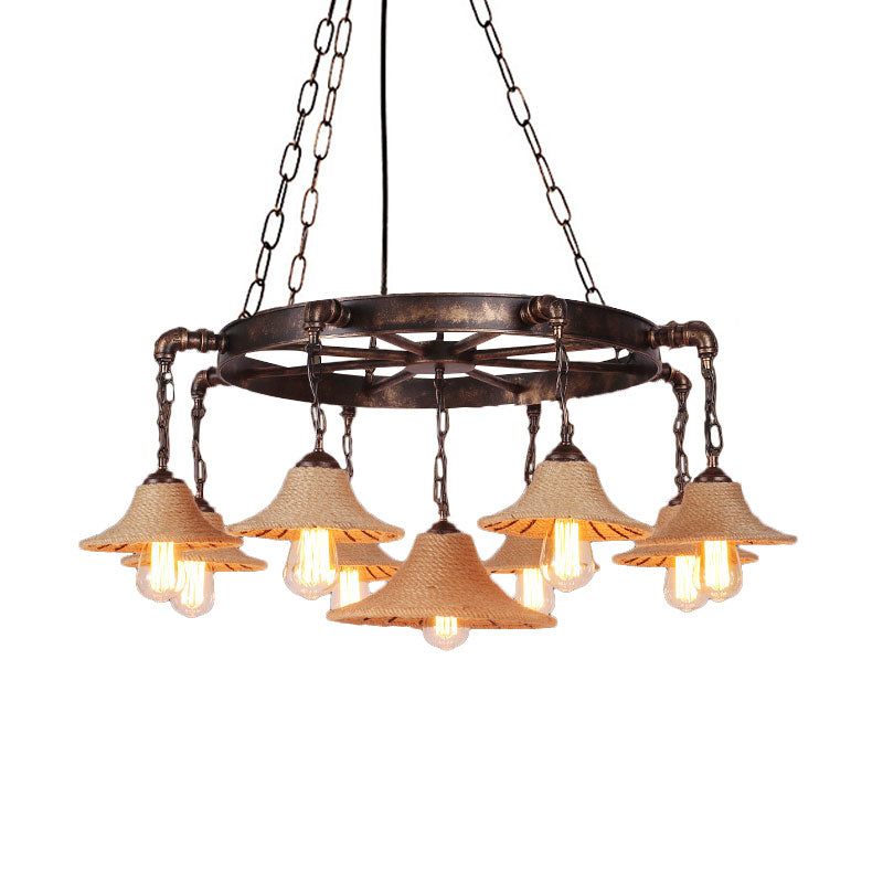 Retro Industrial Open Bulb Hanging Pendant Metal Ceiling Fixture with Rope and Chain in Brown Clearhalo 'Ceiling Lights' 'Chandeliers' 'Industrial Chandeliers' 'Industrial' 'Middle Century Chandeliers' 'Tiffany' Lighting' 1400549