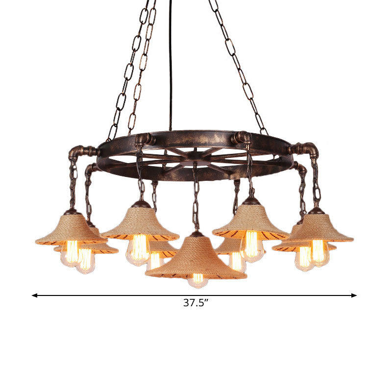 Retro Industrial Open Bulb Hanging Pendant Metal Ceiling Fixture with Rope and Chain in Brown Clearhalo 'Ceiling Lights' 'Chandeliers' 'Industrial Chandeliers' 'Industrial' 'Middle Century Chandeliers' 'Tiffany' Lighting' 1400550