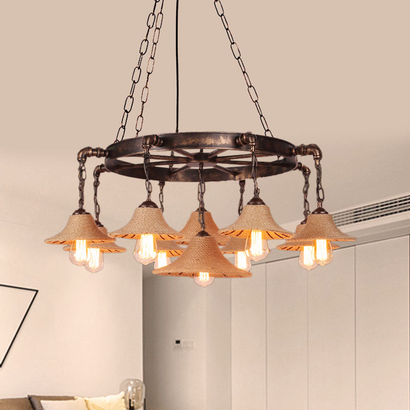 Retro Industrial Open Bulb Hanging Pendant Metal Ceiling Fixture with Rope and Chain in Brown Clearhalo 'Ceiling Lights' 'Chandeliers' 'Industrial Chandeliers' 'Industrial' 'Middle Century Chandeliers' 'Tiffany' Lighting' 1400552