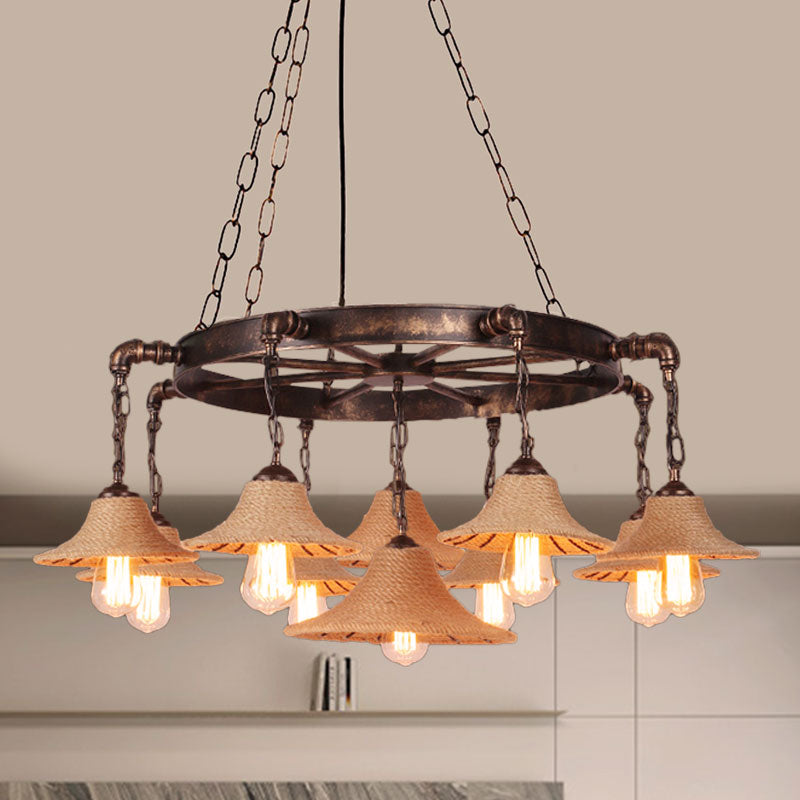 Retro Industrial Open Bulb Hanging Pendant Metal Ceiling Fixture with Rope and Chain in Brown Clearhalo 'Ceiling Lights' 'Chandeliers' 'Industrial Chandeliers' 'Industrial' 'Middle Century Chandeliers' 'Tiffany' Lighting' 1400553