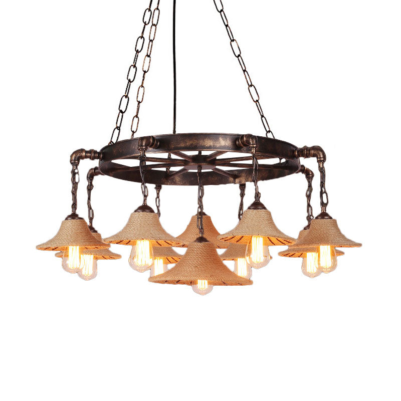 Retro Industrial Open Bulb Hanging Pendant Metal Ceiling Fixture with Rope and Chain in Brown Clearhalo 'Ceiling Lights' 'Chandeliers' 'Industrial Chandeliers' 'Industrial' 'Middle Century Chandeliers' 'Tiffany' Lighting' 1400554