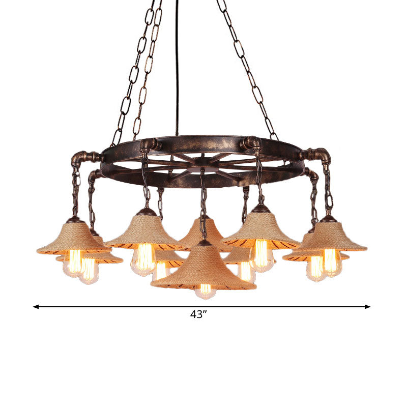 Retro Industrial Open Bulb Hanging Pendant Metal Ceiling Fixture with Rope and Chain in Brown Clearhalo 'Ceiling Lights' 'Chandeliers' 'Industrial Chandeliers' 'Industrial' 'Middle Century Chandeliers' 'Tiffany' Lighting' 1400555