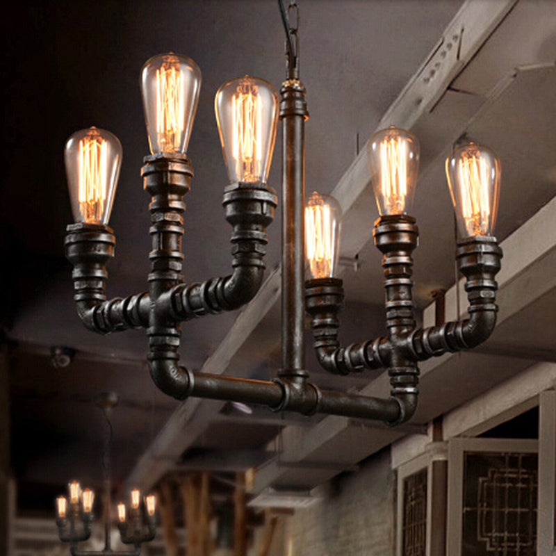 Metal Rust Chandelier Pendant Light Open Bulb 6 Heads Vintage Industrial Hanging Lamp with Pipe Rust Clearhalo 'Cast Iron' 'Ceiling Lights' 'Chandeliers' 'Industrial Chandeliers' 'Industrial' 'Metal' 'Middle Century Chandeliers' 'Rustic Chandeliers' 'Tiffany' Lighting' 1400579