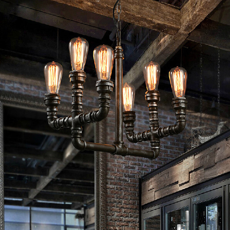 Metal Rust Chandelier Pendant Light Open Bulb 6 Heads Vintage Industrial Hanging Lamp with Pipe Clearhalo 'Cast Iron' 'Ceiling Lights' 'Chandeliers' 'Industrial Chandeliers' 'Industrial' 'Metal' 'Middle Century Chandeliers' 'Rustic Chandeliers' 'Tiffany' Lighting' 1400580