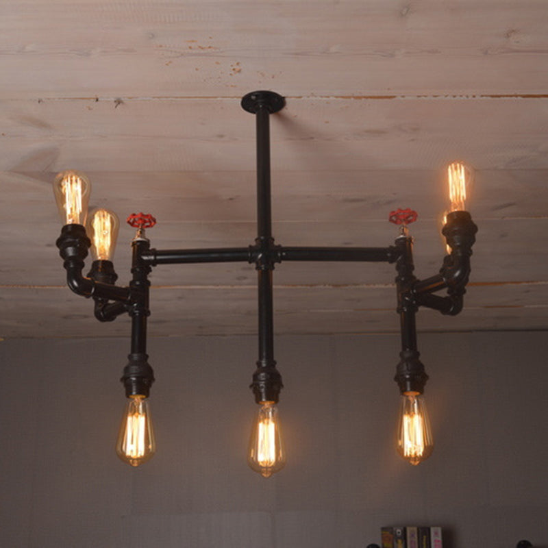 7 Bulbs Hanging Pendant Light Antique Style Water Pipe Metallic Chandelier Lighting with Red Valve in Black Black Clearhalo 'Cast Iron' 'Ceiling Lights' 'Chandeliers' 'Industrial Chandeliers' 'Industrial' 'Metal' 'Middle Century Chandeliers' 'Rustic Chandeliers' 'Tiffany' Lighting' 1400589