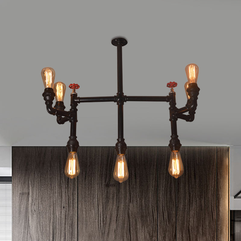 7 Bulbs Hanging Pendant Light Antique Style Water Pipe Metallic Chandelier Lighting with Red Valve in Black Clearhalo 'Cast Iron' 'Ceiling Lights' 'Chandeliers' 'Industrial Chandeliers' 'Industrial' 'Metal' 'Middle Century Chandeliers' 'Rustic Chandeliers' 'Tiffany' Lighting' 1400590