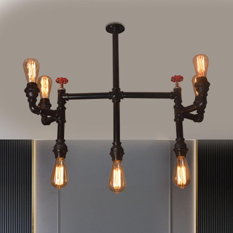 7 Bulbs Hanging Pendant Light Antique Style Water Pipe Metallic Chandelier Lighting with Red Valve in Black Clearhalo 'Cast Iron' 'Ceiling Lights' 'Chandeliers' 'Industrial Chandeliers' 'Industrial' 'Metal' 'Middle Century Chandeliers' 'Rustic Chandeliers' 'Tiffany' Lighting' 1400591