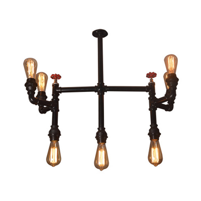 7 Bulbs Hanging Pendant Light Antique Style Water Pipe Metallic Chandelier Lighting with Red Valve in Black Clearhalo 'Cast Iron' 'Ceiling Lights' 'Chandeliers' 'Industrial Chandeliers' 'Industrial' 'Metal' 'Middle Century Chandeliers' 'Rustic Chandeliers' 'Tiffany' Lighting' 1400592