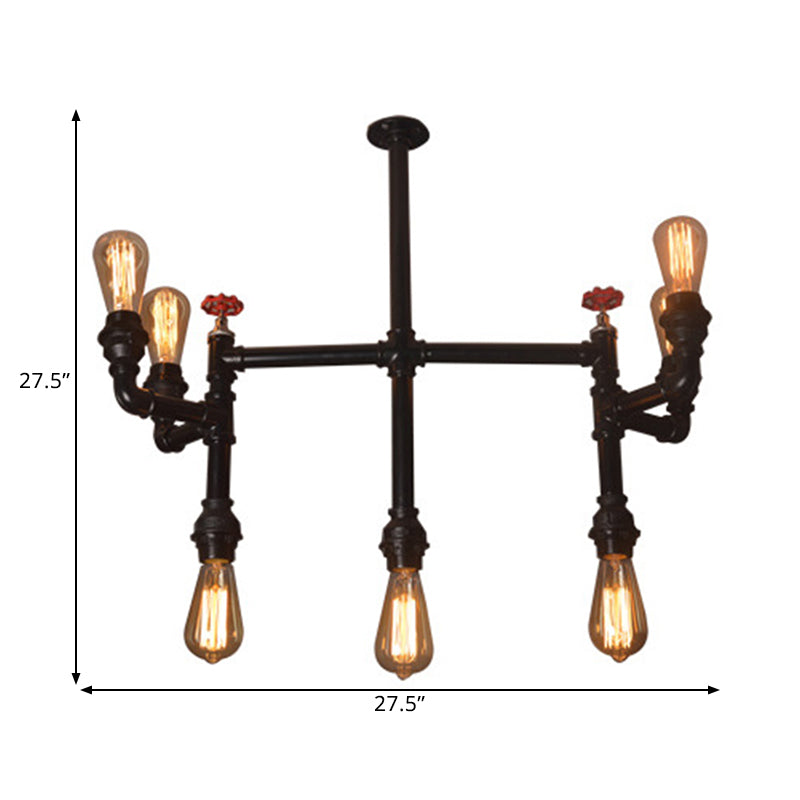 7 Bulbs Hanging Pendant Light Antique Style Water Pipe Metallic Chandelier Lighting with Red Valve in Black Clearhalo 'Cast Iron' 'Ceiling Lights' 'Chandeliers' 'Industrial Chandeliers' 'Industrial' 'Metal' 'Middle Century Chandeliers' 'Rustic Chandeliers' 'Tiffany' Lighting' 1400593