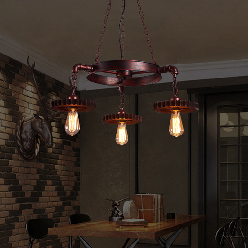 3/5/7 Heads Exposed Bulb Chandelier Light with Gear Deco Farmhouse Style Rust Metallic Ceiling Lamp for Bar Clearhalo 'Cast Iron' 'Ceiling Lights' 'Chandeliers' 'Industrial Chandeliers' 'Industrial' 'Metal' 'Middle Century Chandeliers' 'Rustic Chandeliers' 'Tiffany' Lighting' 1400605