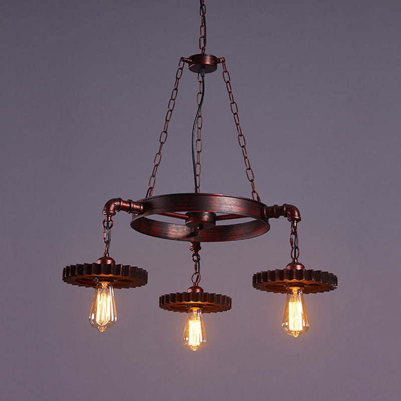 3/5/7 Heads Exposed Bulb Chandelier Light with Gear Deco Farmhouse Style Rust Metallic Ceiling Lamp for Bar Clearhalo 'Cast Iron' 'Ceiling Lights' 'Chandeliers' 'Industrial Chandeliers' 'Industrial' 'Metal' 'Middle Century Chandeliers' 'Rustic Chandeliers' 'Tiffany' Lighting' 1400607