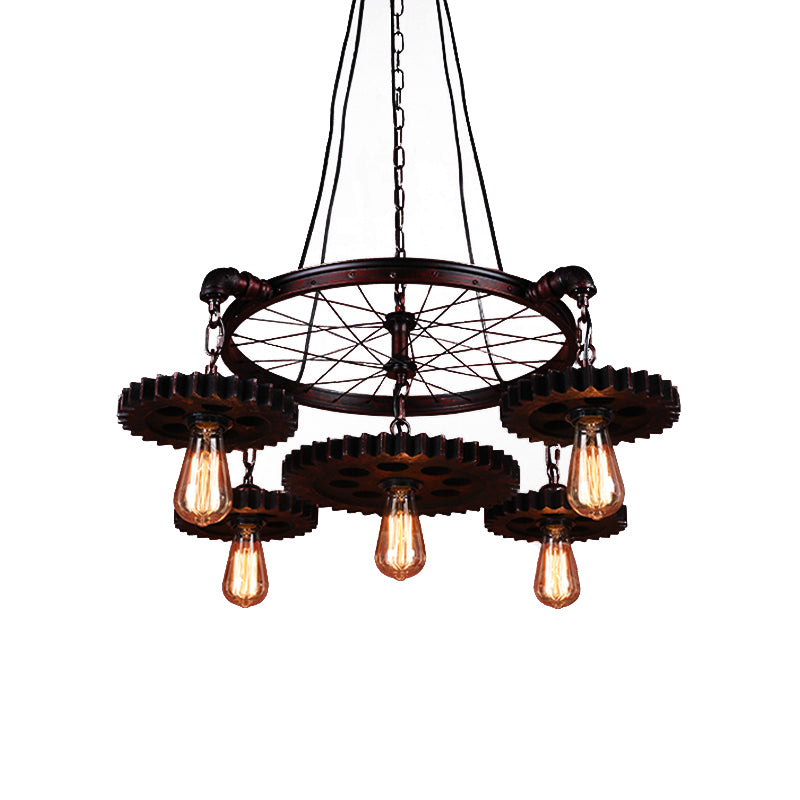 3/5/7 Heads Exposed Bulb Chandelier Light with Gear Deco Farmhouse Style Rust Metallic Ceiling Lamp for Bar Clearhalo 'Cast Iron' 'Ceiling Lights' 'Chandeliers' 'Industrial Chandeliers' 'Industrial' 'Metal' 'Middle Century Chandeliers' 'Rustic Chandeliers' 'Tiffany' Lighting' 1400611