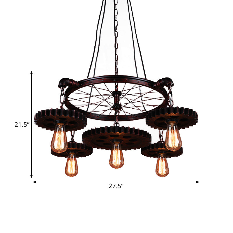 3/5/7 Heads Exposed Bulb Chandelier Light with Gear Deco Farmhouse Style Rust Metallic Ceiling Lamp for Bar Clearhalo 'Cast Iron' 'Ceiling Lights' 'Chandeliers' 'Industrial Chandeliers' 'Industrial' 'Metal' 'Middle Century Chandeliers' 'Rustic Chandeliers' 'Tiffany' Lighting' 1400613