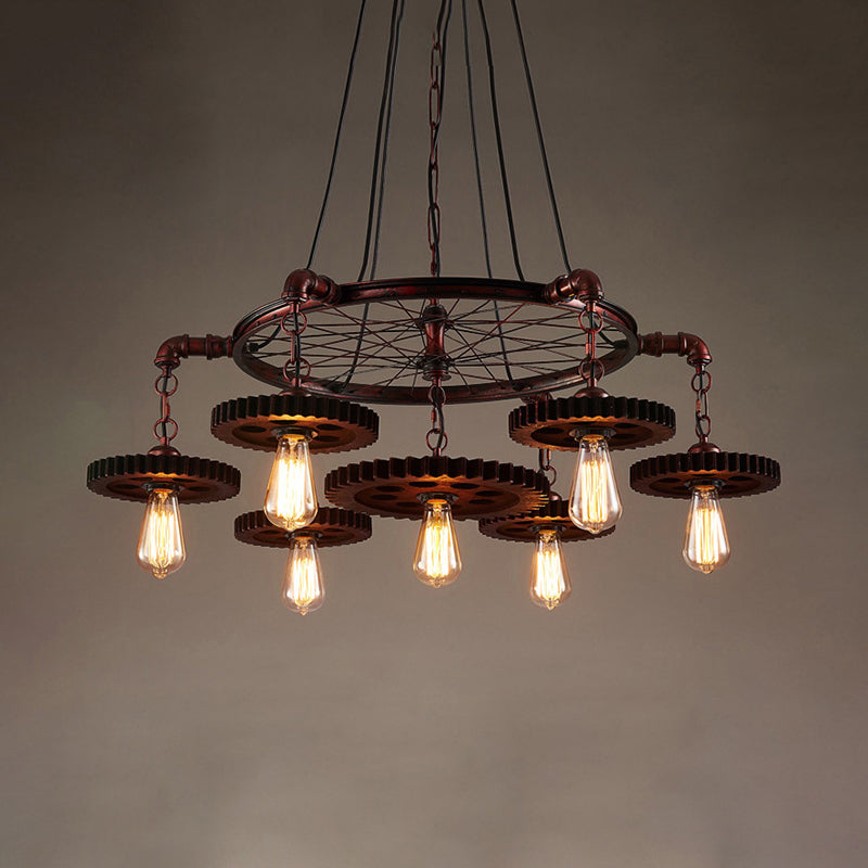 3/5/7 Heads Exposed Bulb Chandelier Light with Gear Deco Farmhouse Style Rust Metallic Ceiling Lamp for Bar Clearhalo 'Cast Iron' 'Ceiling Lights' 'Chandeliers' 'Industrial Chandeliers' 'Industrial' 'Metal' 'Middle Century Chandeliers' 'Rustic Chandeliers' 'Tiffany' Lighting' 1400617