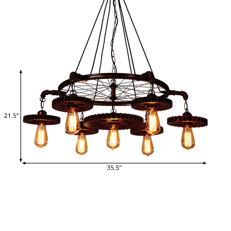 3/5/7 Heads Exposed Bulb Chandelier Light with Gear Deco Farmhouse Style Rust Metallic Ceiling Lamp for Bar Clearhalo 'Cast Iron' 'Ceiling Lights' 'Chandeliers' 'Industrial Chandeliers' 'Industrial' 'Metal' 'Middle Century Chandeliers' 'Rustic Chandeliers' 'Tiffany' Lighting' 1400618