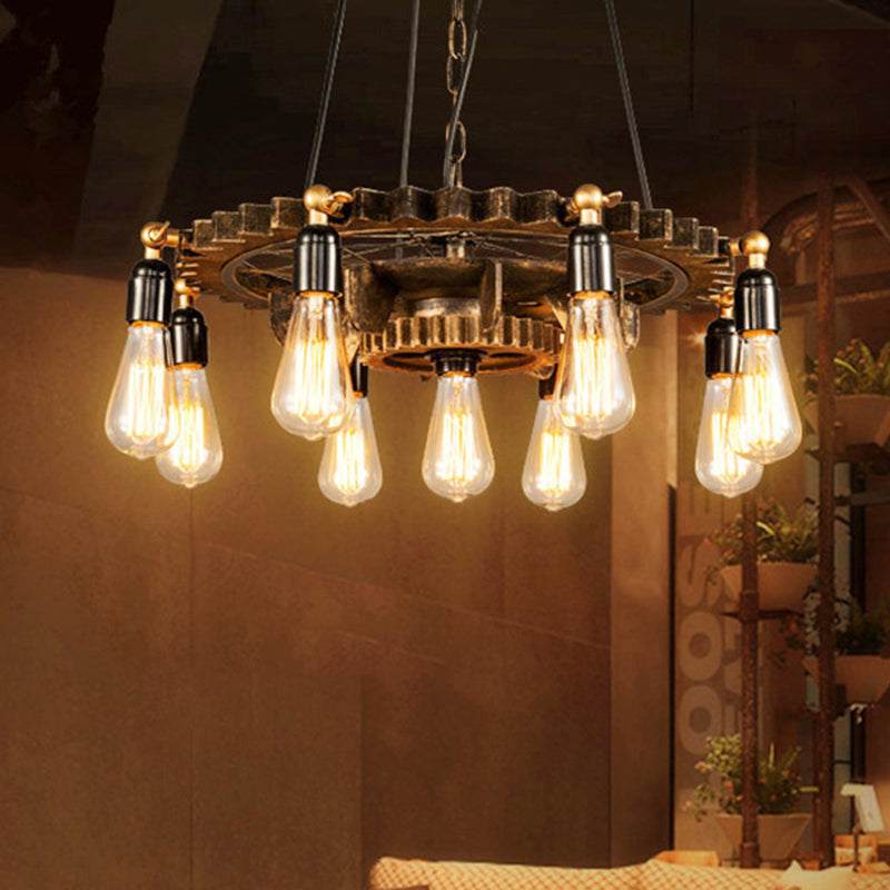 9 Lights Gear Design Ceiling Fixture Antique Style Dark Rust Metal Pendant Ceiling Light for Living Room Rust Clearhalo 'Cast Iron' 'Ceiling Lights' 'Chandeliers' 'Industrial Chandeliers' 'Industrial' 'Metal' 'Middle Century Chandeliers' 'Rustic Chandeliers' 'Tiffany' Lighting' 1400619