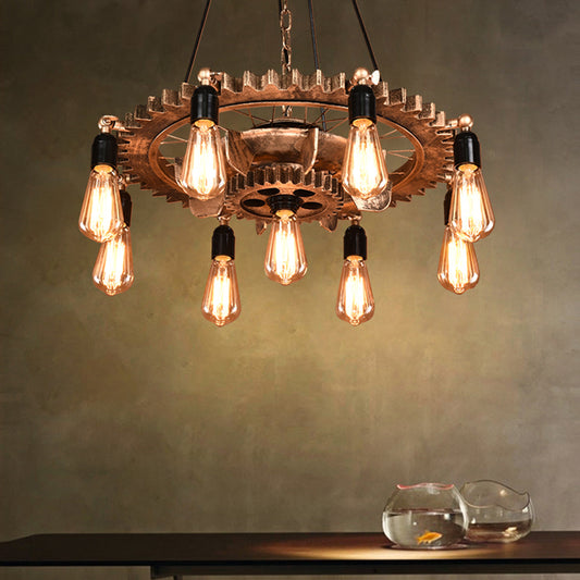 9 Lights Gear Design Ceiling Fixture Antique Style Dark Rust Metal Pendant Ceiling Light for Living Room Clearhalo 'Cast Iron' 'Ceiling Lights' 'Chandeliers' 'Industrial Chandeliers' 'Industrial' 'Metal' 'Middle Century Chandeliers' 'Rustic Chandeliers' 'Tiffany' Lighting' 1400620
