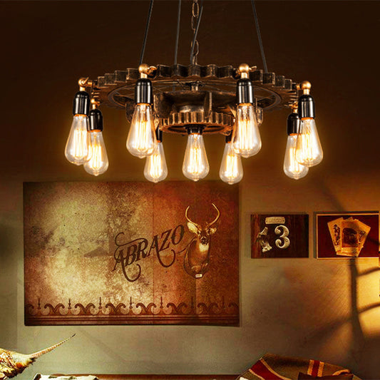 9 Lights Gear Design Ceiling Fixture Antique Style Dark Rust Metal Pendant Ceiling Light for Living Room Clearhalo 'Cast Iron' 'Ceiling Lights' 'Chandeliers' 'Industrial Chandeliers' 'Industrial' 'Metal' 'Middle Century Chandeliers' 'Rustic Chandeliers' 'Tiffany' Lighting' 1400621