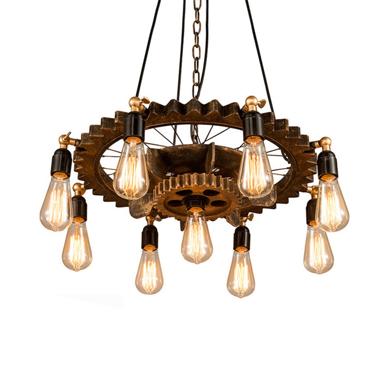 9 Lights Gear Design Ceiling Fixture Antique Style Dark Rust Metal Pendant Ceiling Light for Living Room Clearhalo 'Cast Iron' 'Ceiling Lights' 'Chandeliers' 'Industrial Chandeliers' 'Industrial' 'Metal' 'Middle Century Chandeliers' 'Rustic Chandeliers' 'Tiffany' Lighting' 1400622