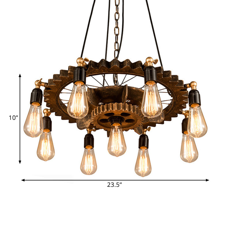 9 Lights Gear Design Ceiling Fixture Antique Style Dark Rust Metal Pendant Ceiling Light for Living Room Clearhalo 'Cast Iron' 'Ceiling Lights' 'Chandeliers' 'Industrial Chandeliers' 'Industrial' 'Metal' 'Middle Century Chandeliers' 'Rustic Chandeliers' 'Tiffany' Lighting' 1400623