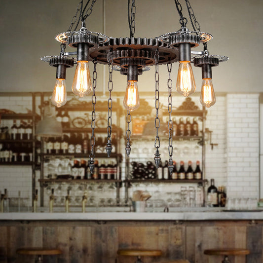 Aged Silver Gear Design Ceiling Lamp Vintage Industrial Metal 6 Heads Restaurant Hanging Lamp Clearhalo 'Ceiling Lights' 'Chandeliers' 'Industrial Chandeliers' 'Industrial' 'Middle Century Chandeliers' 'Tiffany' Lighting' 1400625