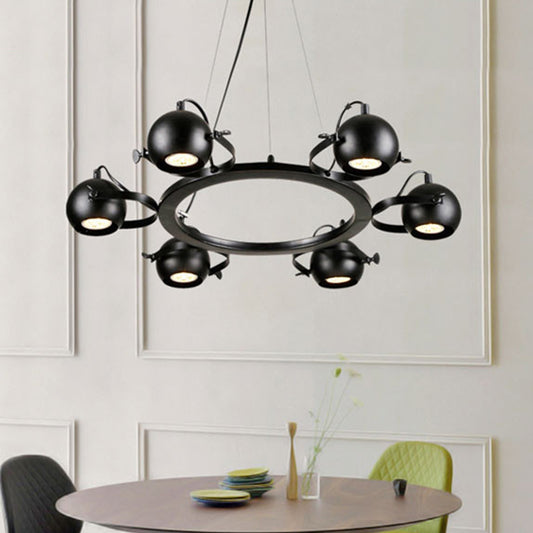 Black Finish Globe Chandelier Lamp Antique Style Metal 6 Lights Restaurant Hanging Light with Ring Clearhalo 'Cast Iron' 'Ceiling Lights' 'Chandeliers' 'Industrial Chandeliers' 'Industrial' 'Metal' 'Middle Century Chandeliers' 'Rustic Chandeliers' 'Tiffany' Lighting' 1400631
