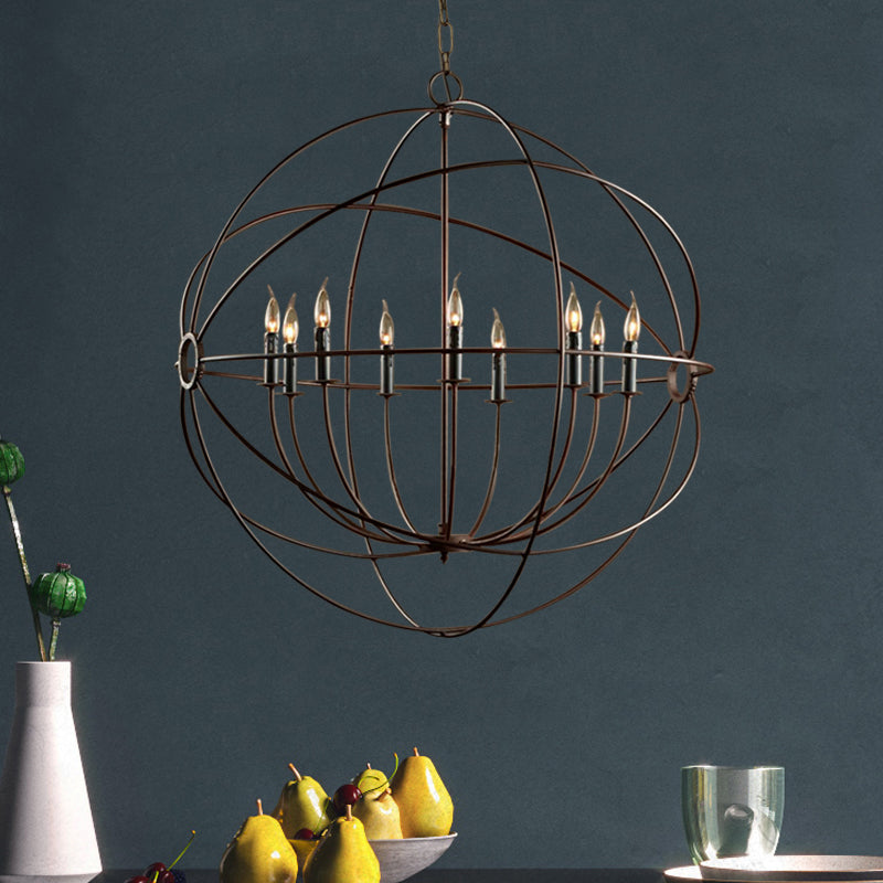 Antique Style Spherical Ceiling Pendant with Cage Shade Multi Light Iron Chandelier Lighting in Rust Rust Clearhalo 'Cast Iron' 'Ceiling Lights' 'Chandeliers' 'Industrial Chandeliers' 'Industrial' 'Metal' 'Middle Century Chandeliers' 'Rustic Chandeliers' 'Tiffany' Lighting' 1400634